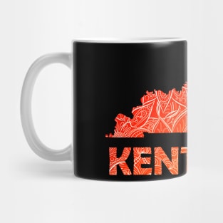 Colorful mandala art map of Kentucky with text in red and orange Mug